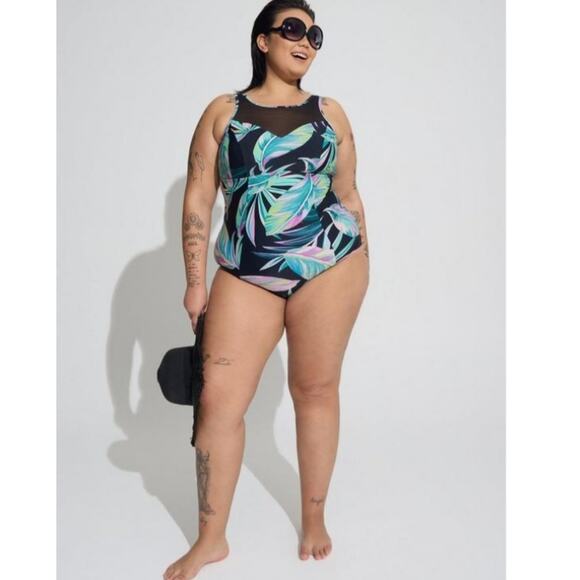 TORRID BATHING SUIT SIZE 3X Wireless High Neck One Piece Swimsuit Tropical Print - Picture 2 of 10